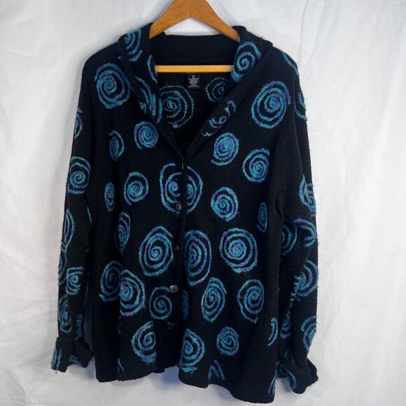 Sarah Spencer Lambswool Knit Swirl Artsy Cardigan Sweater Black Blue Size 2X - Picture 9 of 9